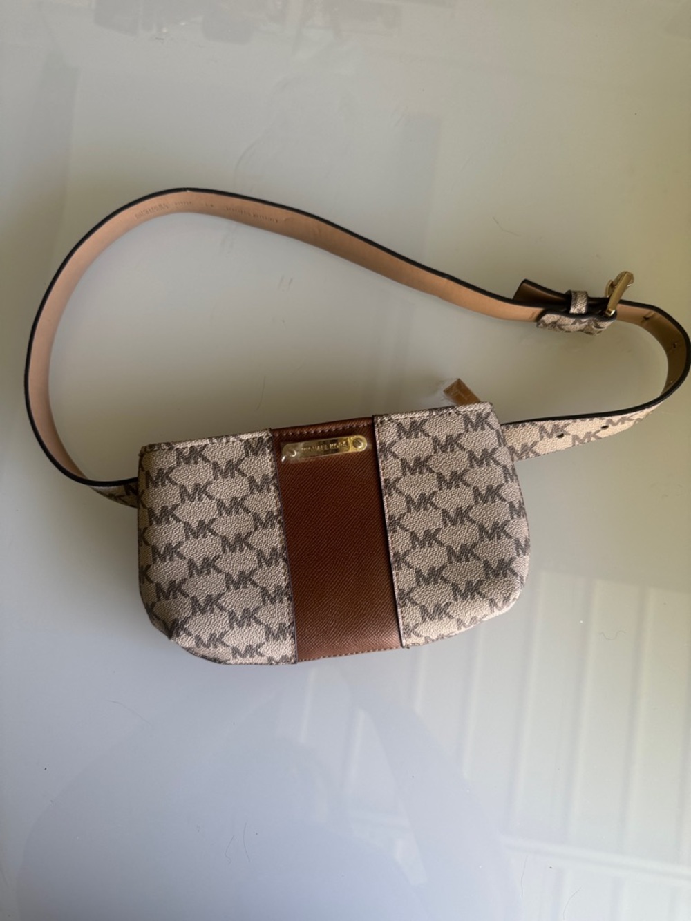 Michael Kors Beige and Brown MK Logo Belt Bag with Gold Plate. Brand new